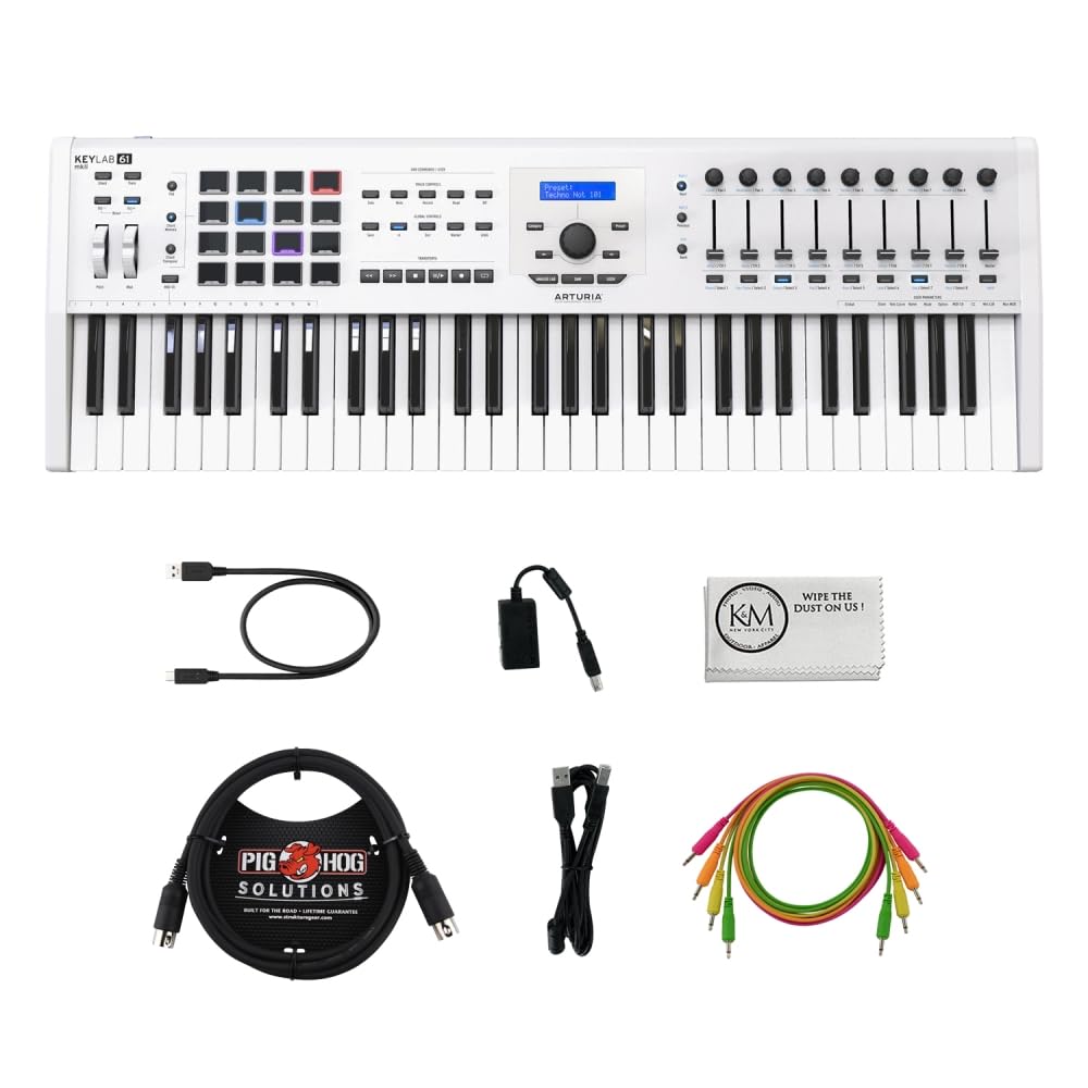 Arturia KeyLab 61 MkII Professional MIDI Controller and Software | White Bundled with Patch Cables |4pk + MIDI Cable + Cleaning Cloth (4 Items)