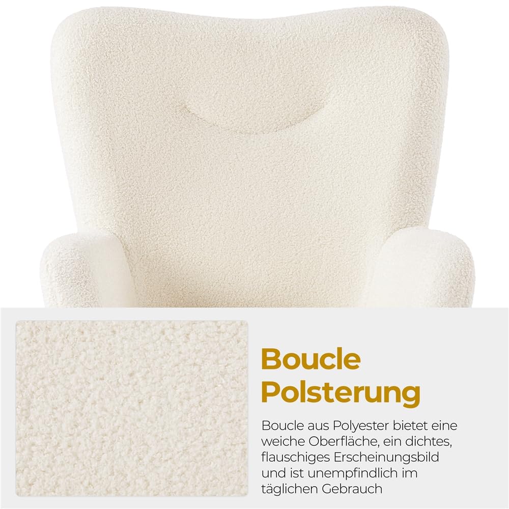 Yaheetech Sessel Ohrensessel mit Hocker aus Boucle-Gewebe, Relaxsessel mit Fußstütze, Loungesessel mit Klappbarer Rückenlehne, Fernsehsessel für Wohnzimmer/Schlafzimmer Elfenbein