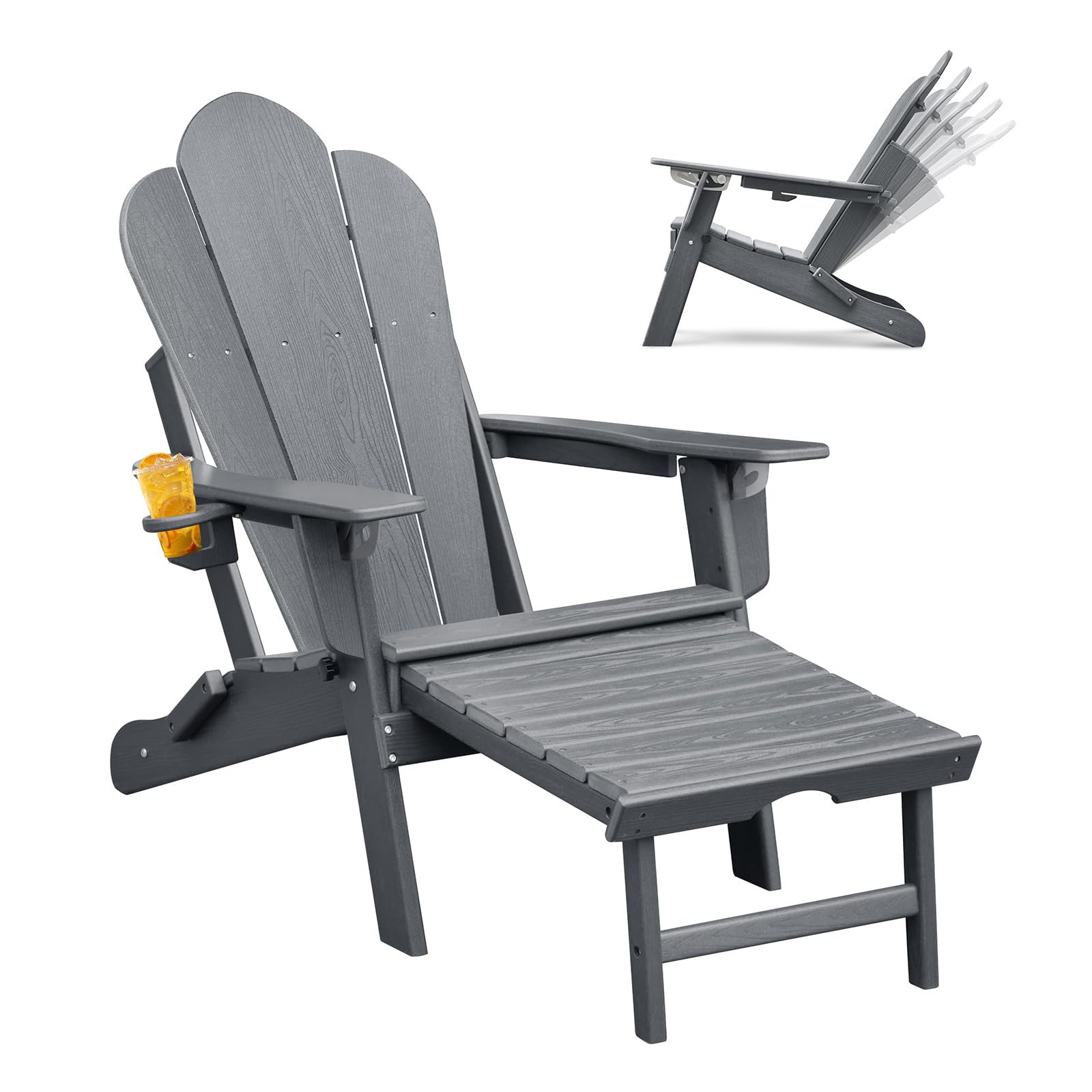 Silla Adirondack ajustable plegable con otomana extensible, silla de jardín con reposapiés extensible, HDPE tumbona para exteriores Adirondack Chair con soporte para tazas