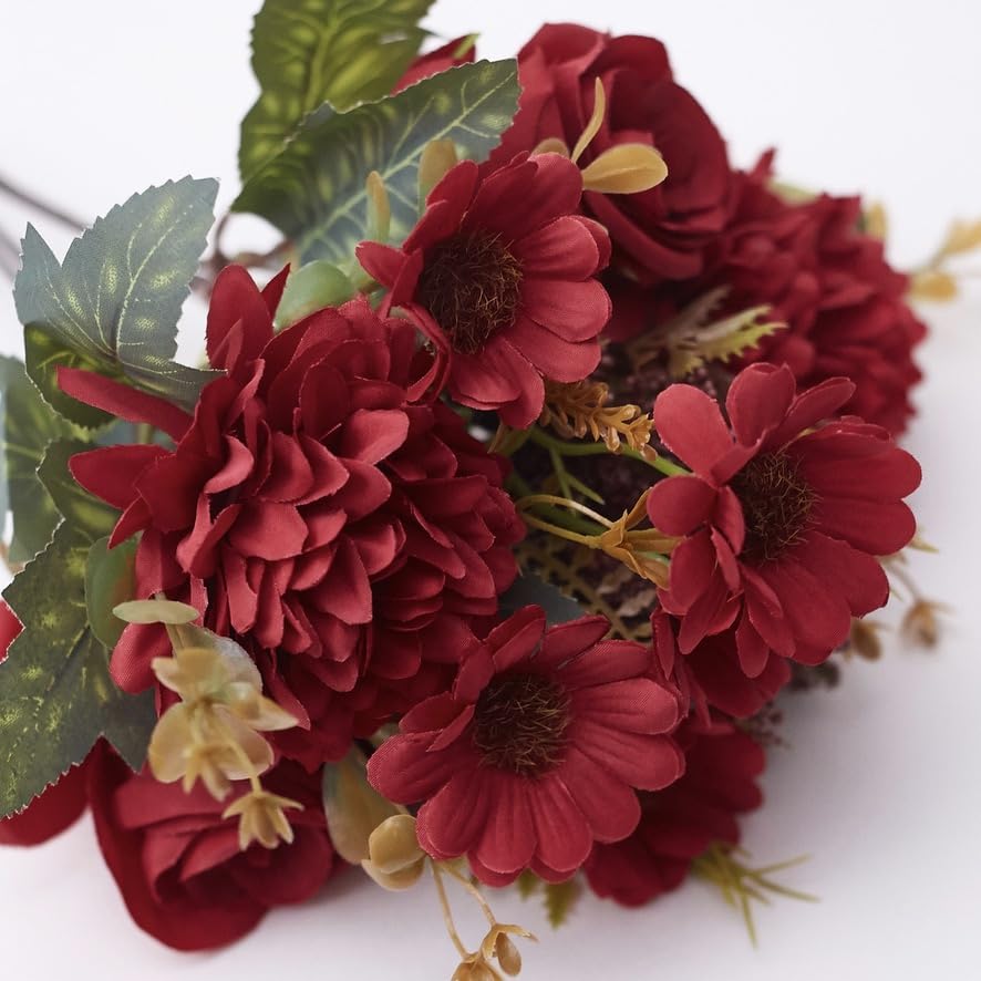 Silk Artificial Flower Bouquet (Rose, Dandelion, Daisy & Foilage), Realistic Fake Plant for Cake Decoration Home Décor
