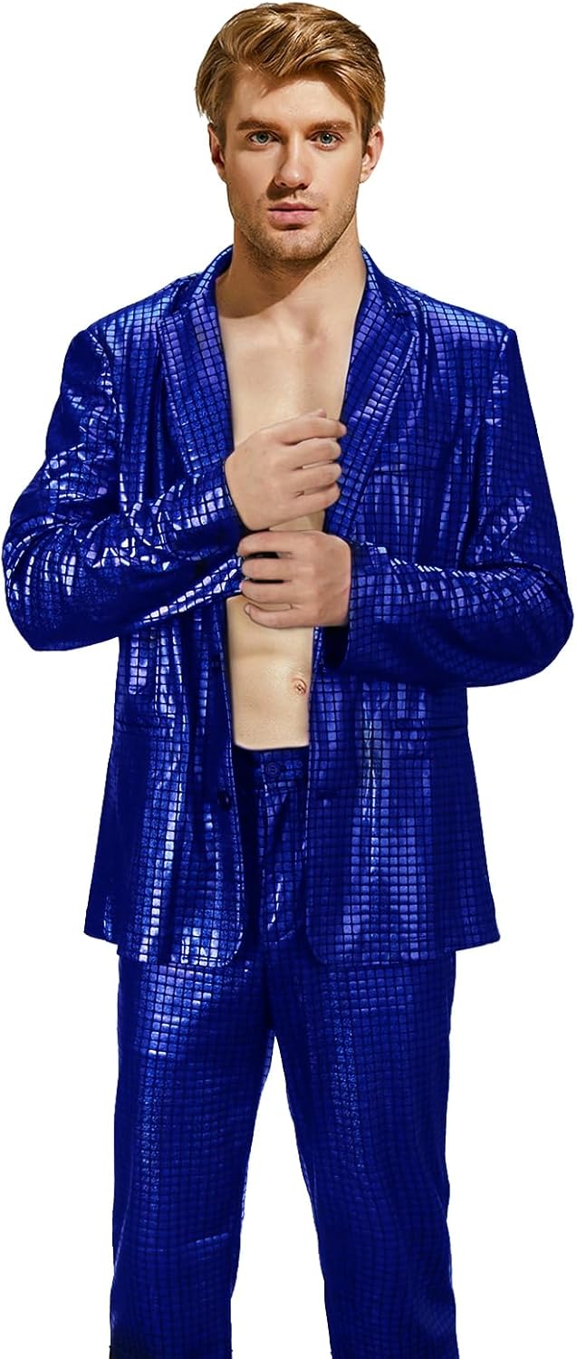 Men’s 2 Pieces Disco Costume Jacket Pants Outfit Set Adult 70s Shiny Metallic Sequin Halloween Cosplay Party Suit - Image 4