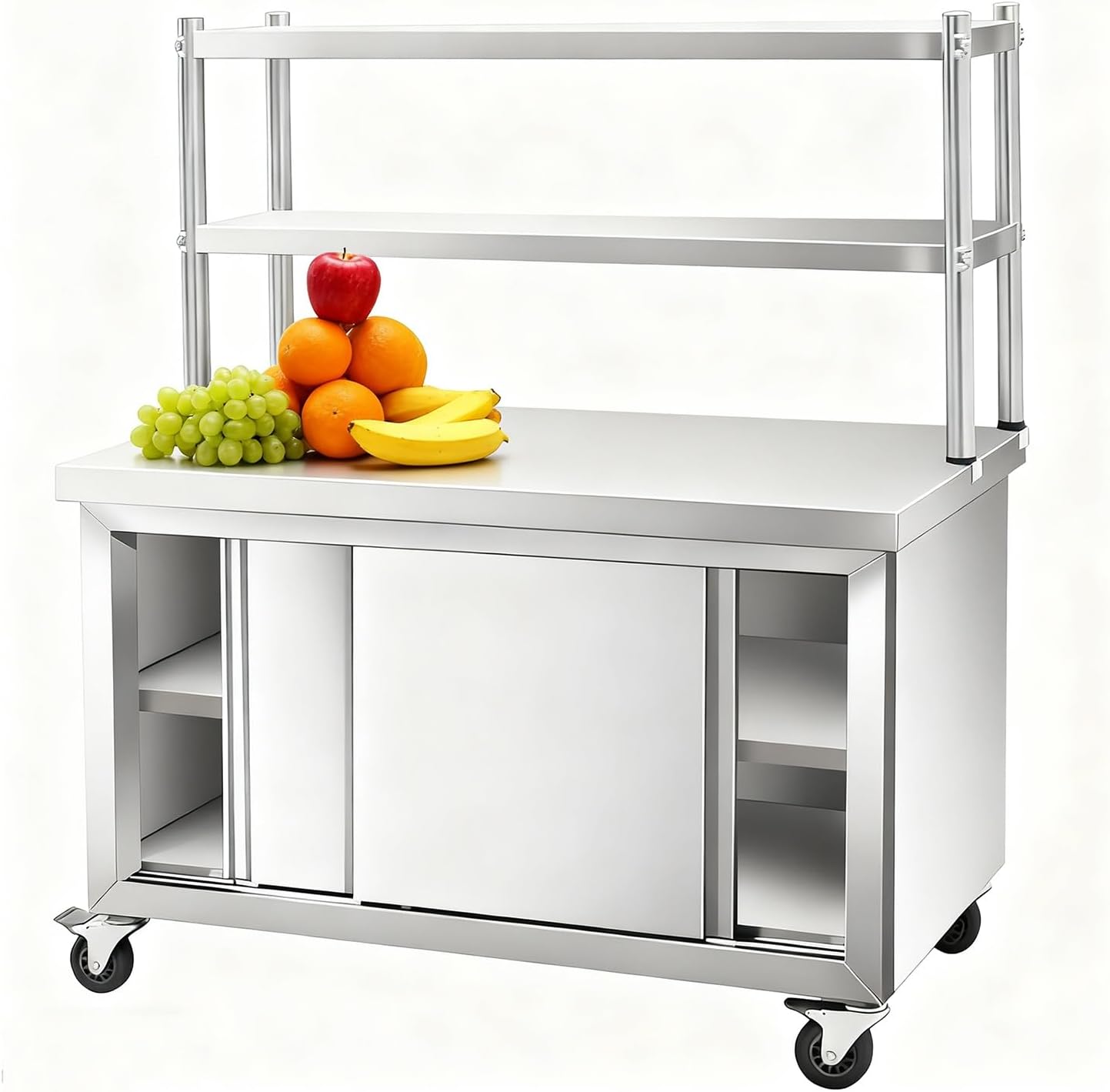Sliding Door Workbench with Casters Kitchen Storage Cabinet Workstation Worktable Stainless Steel Cabinet with Support Frame Metal Prep Table for Prep Station(100x60x80cm/39.4x23.6x31.5”)