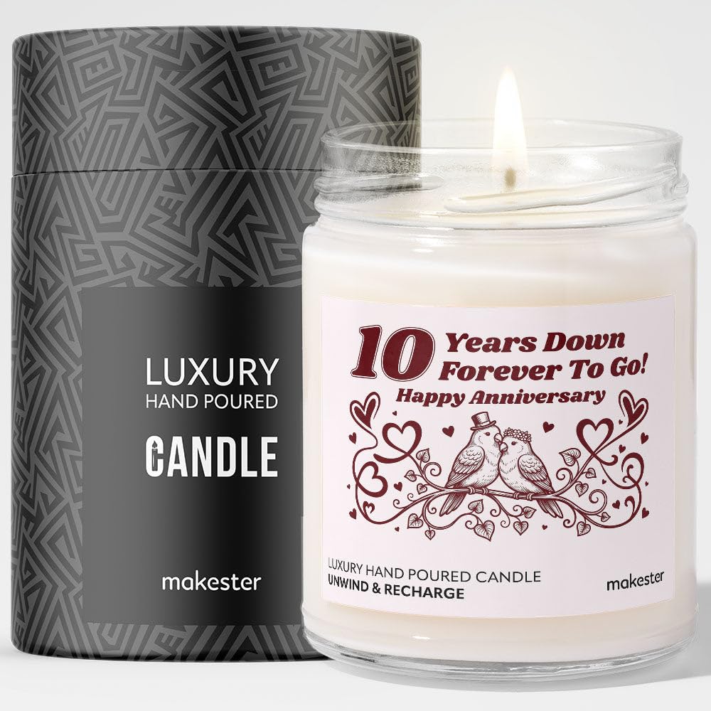 Tenth Anniversary Candle Gift for Wife - Luxury Soy Wax Candle - Vanilla, Jasmine, Sugared Almond - Makester โ image 1