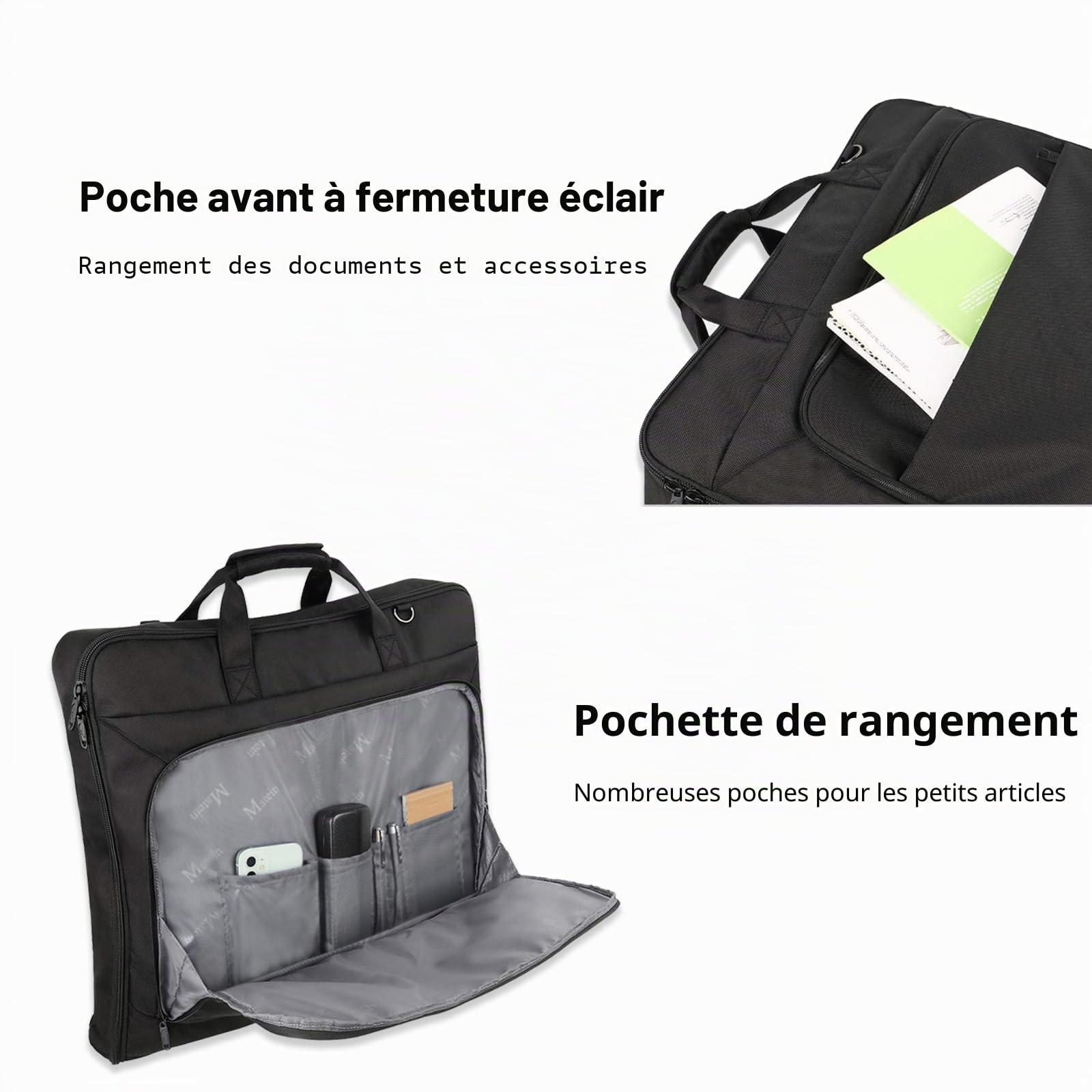 MATEIN Housse Sac à Vêtements de Voyage, Garment Bag avec Sangles Hommes Femmes Imperméable et Anti-Ride, Sac à Vêtements Accrochant pour Voyages d'Affaires Pour 3 costumes, Robes, Manteaux, Noir