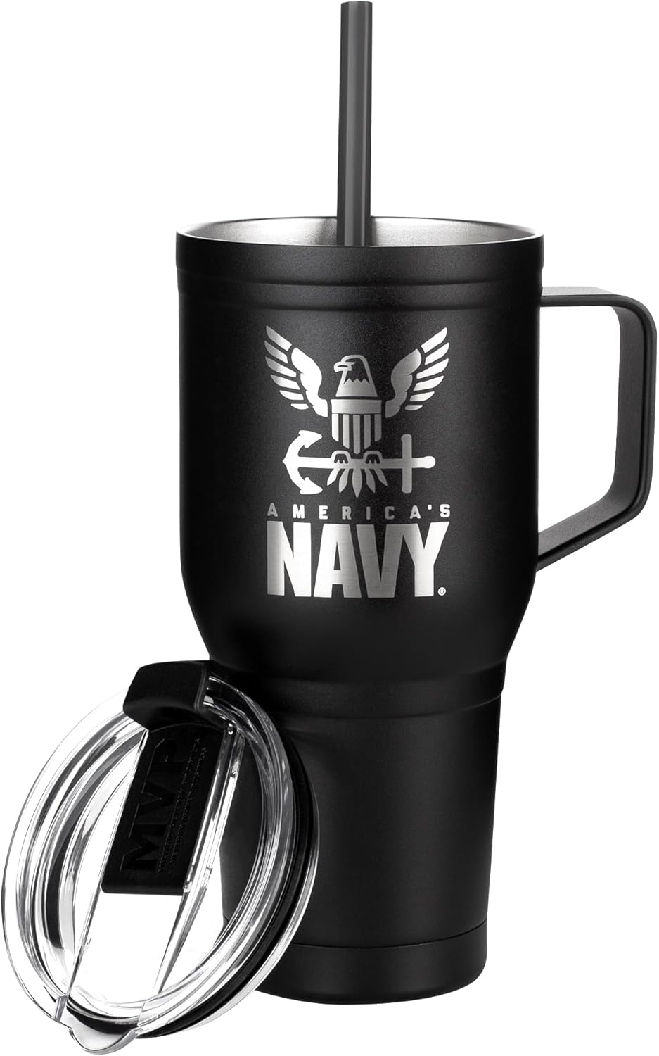 30oz Navy Tumbler Double Wall Vacuum Insulated Stainless Steel USN Travel Mug with Handle | Navy 30oz w/Handle - Image 2