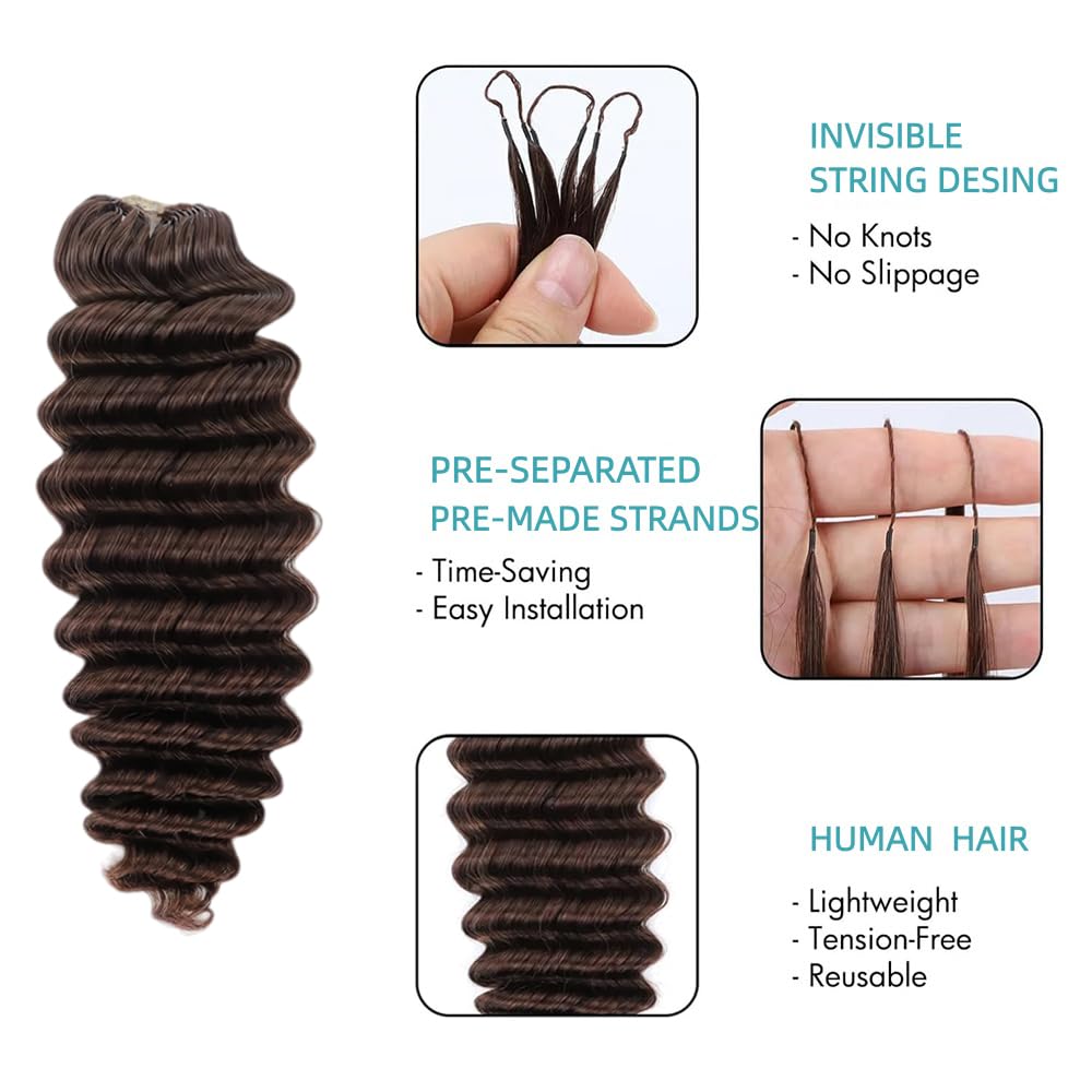 Extension di capelli umani ondulati all'uncinetto, con piume pre-separate, leggere, riutilizzabili, 50 g, 40 pezzi, #4 marrone cioccolato, da donna, 40 cm