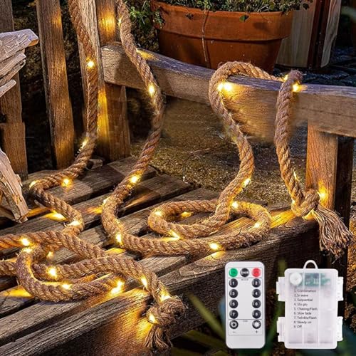 LED Hanfseil Lichterkette,7M 150LED Batteriebetrieben,8 Modi Seil Lichterkette Innenbereich von mit Fernbedienung, Hanfseil Lichterkette Seil Licht für Weihnachten, Party, Hochzeit, Garten Deko