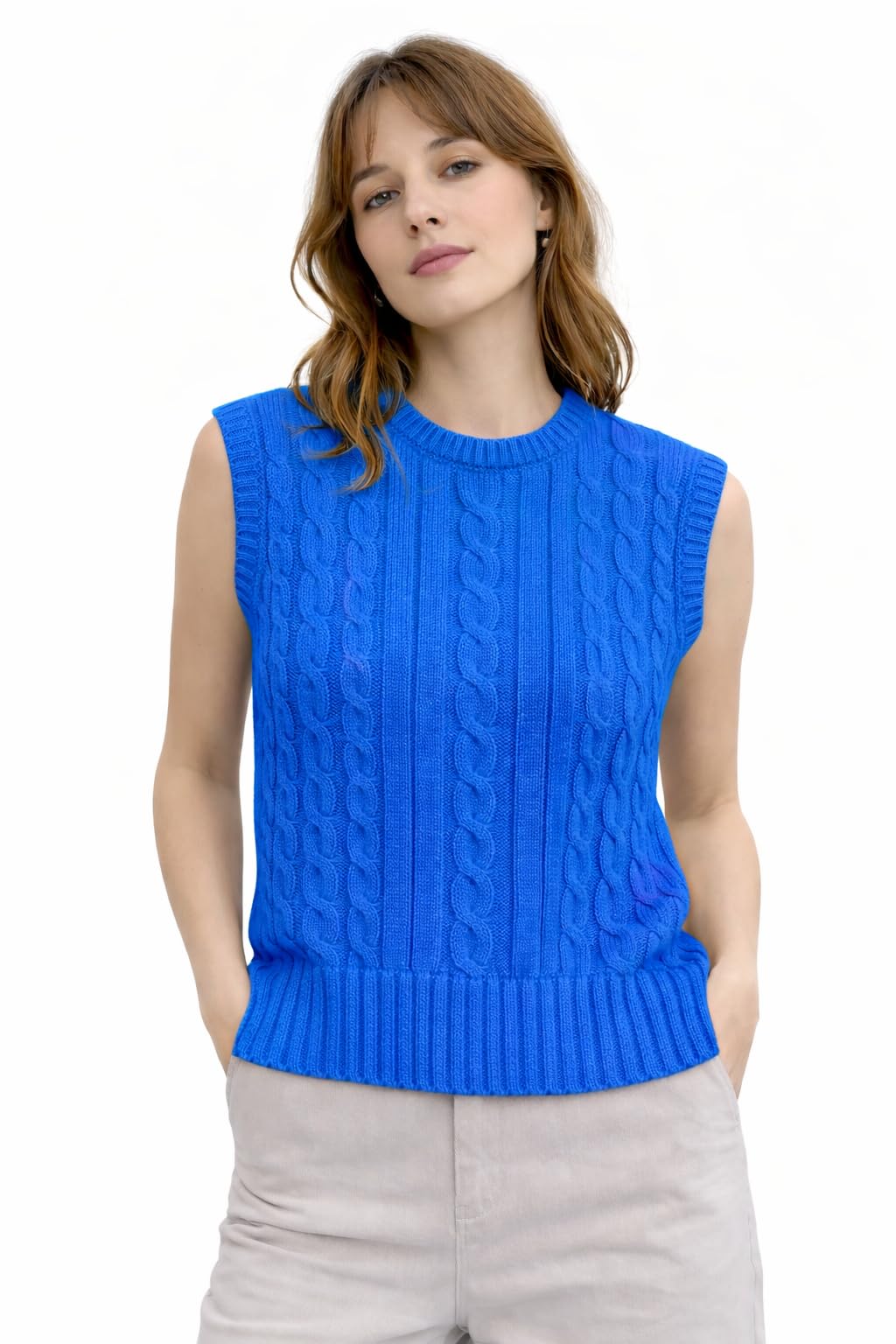 Stylish Women Cable Knit Sleeveless Sweater Vest | Cozy Winter Layering Sweater Round Neck | Soft Warm Winter Wear with Ribbed Hem for Ladies & Girls-picture-35