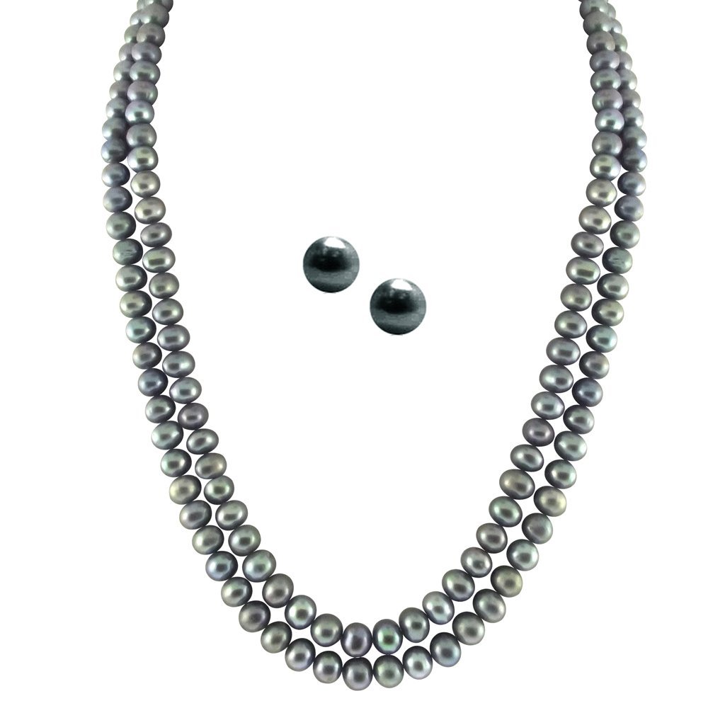 Sri Jagdamba Pearls DealerSri Jagdamba Pearls Grey Dual Line Necklace Set for Women | Potato Shape AA Freshwater Pearls 5-6MM | 18-20 Inches Length | Aesthetic Look To Any Outfit | Perfect For Gifting To Womens & Girls