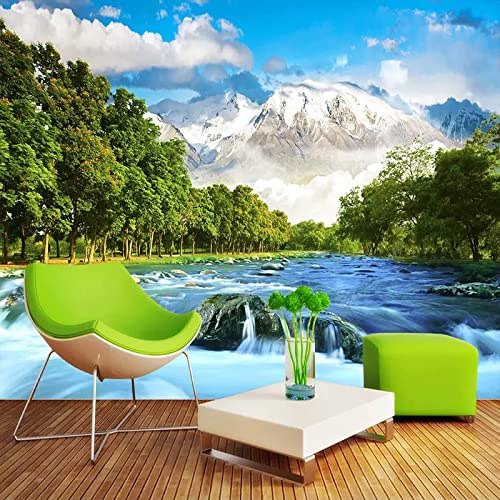 Dzwangzc Snow Mountain Wall Mural, 3D Streams Lakes Landscape Peel And Stick Self-Adhesive Wallpaper, Removable Sticker Home Decor Tv Background Large Art Wall Painting 47''X 32''(W X H) #TOP2