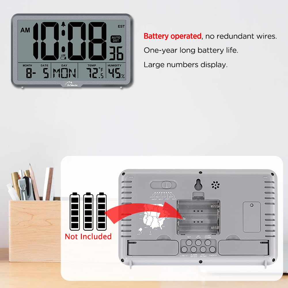 WallarGe Orologio da parete digitale a batteria, orologio da scrivania con temperatura, umidità e data, grande display digitale calendario sveglia per anziani, camera da letto, ufficio, 8 fusi orari