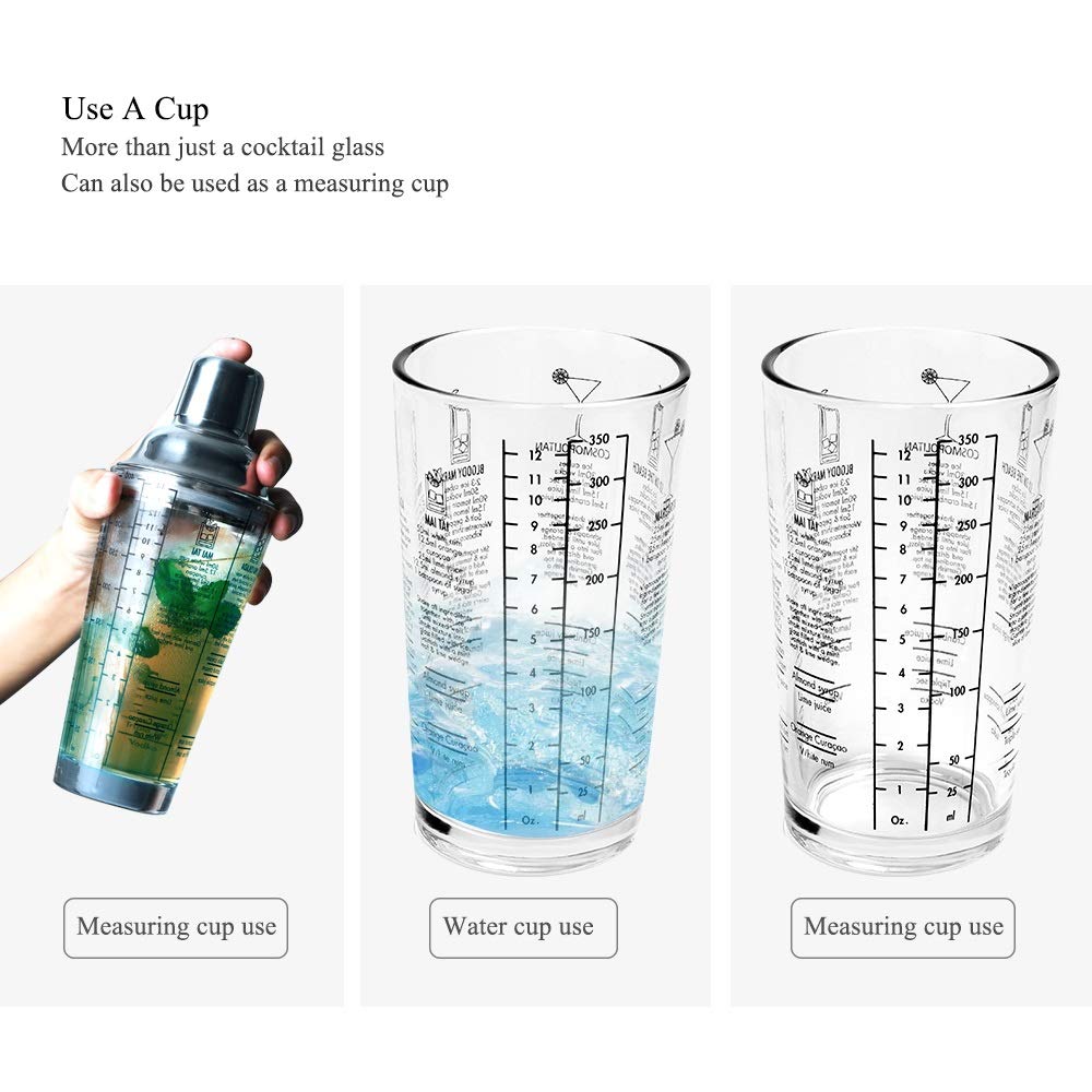 WolFum Glas-Cocktail-Shaker, transparente Skala, Bar-Shaker, Tasse, Weinmischen für Barkeeper, Saft, Wasserflasche, Edelstahl, Party, WolFums (Größe: 350 ml)