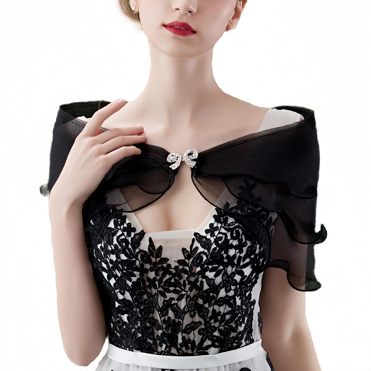 Samheng Women's Black Tulle Wedding Shawl Wrap For Lace Evening Cape Bridal Shoulder Covers Up Scarf For Dress Prom Party Open Front Summer Wedding Dress Bolero Cardigans Elegant Capelets For (Black)