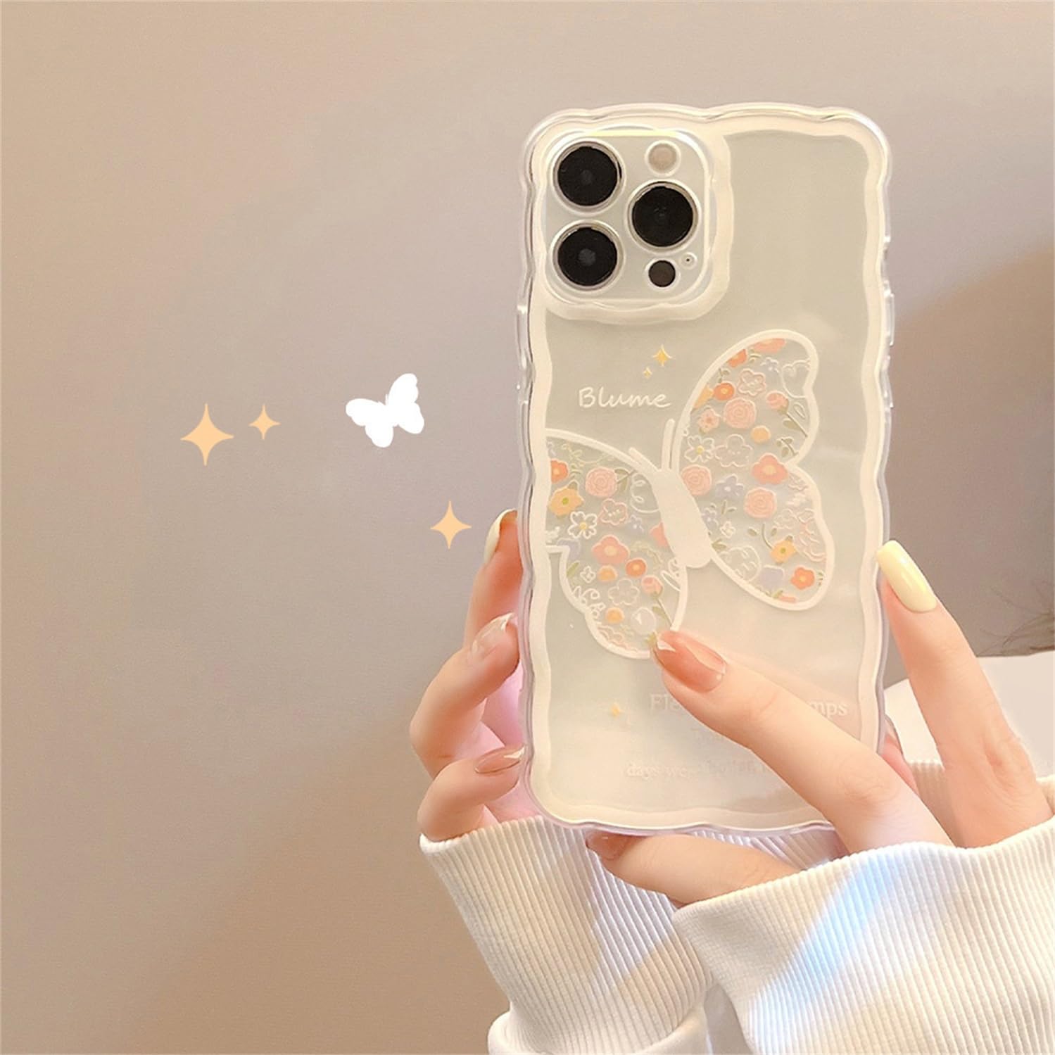 Custodia trasparente per iPhone 15, con motivo floreale astetico, farfalla, silicone TPU, design con bordo ondulato, per ragazze, custodia protettiva per iPhone 15