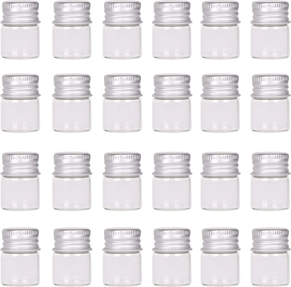 24 Sets Small Glass Bottles with Aluminum Cap Screw Top Lids, Mini Tiny Jars, Clear Message Sample Bottle Storing Beads Wedding Favors Decorations DIY Crafts, Small Wishing Bottle Vials Jars (5 Ml)