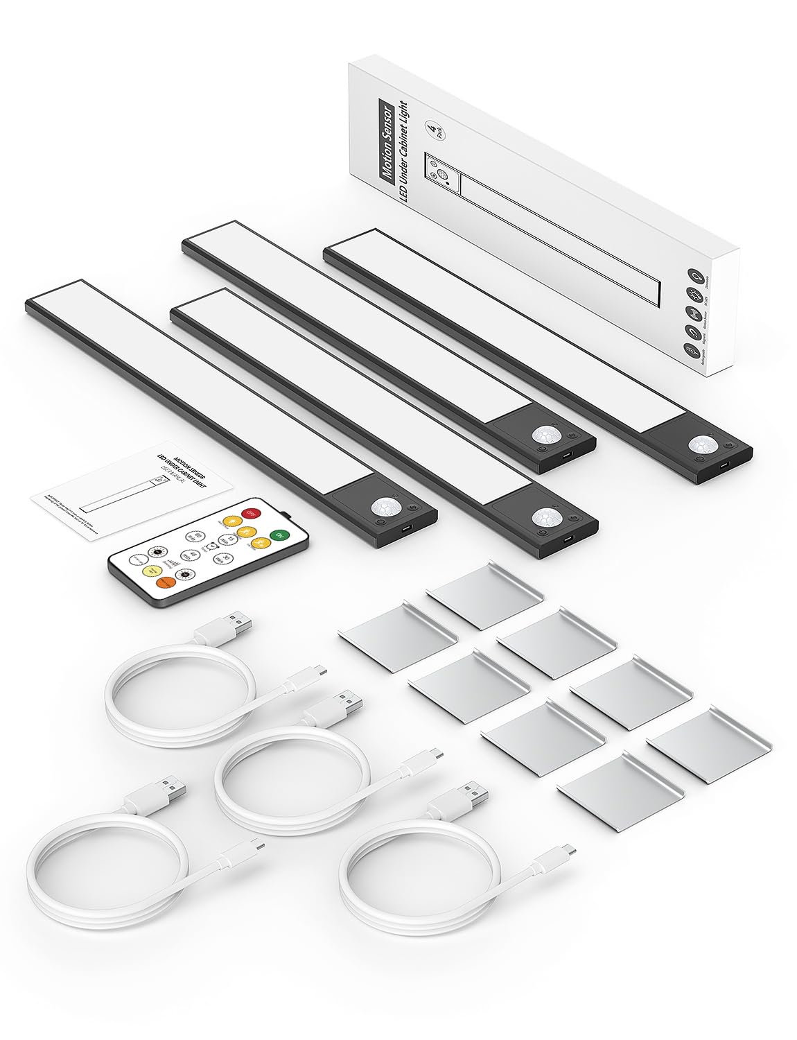 56LED Unterschrankbeleuchtung, kabellos, 30 cm Bewegungsmelder, wiederaufladbar, Unterschrankleuchten, magnetische Schrankleuchten, batteriebetrieben, Unterbauleuchten für Küche (4 Stück, schwarz)