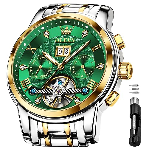 Image of OLEVS Self Winding Watches for Men Automatic Mechanical Skeleton Luxury Dress Waterproof Moon Phase Tourbillon Chronograph Stainless Steel Luminous Wristwatch