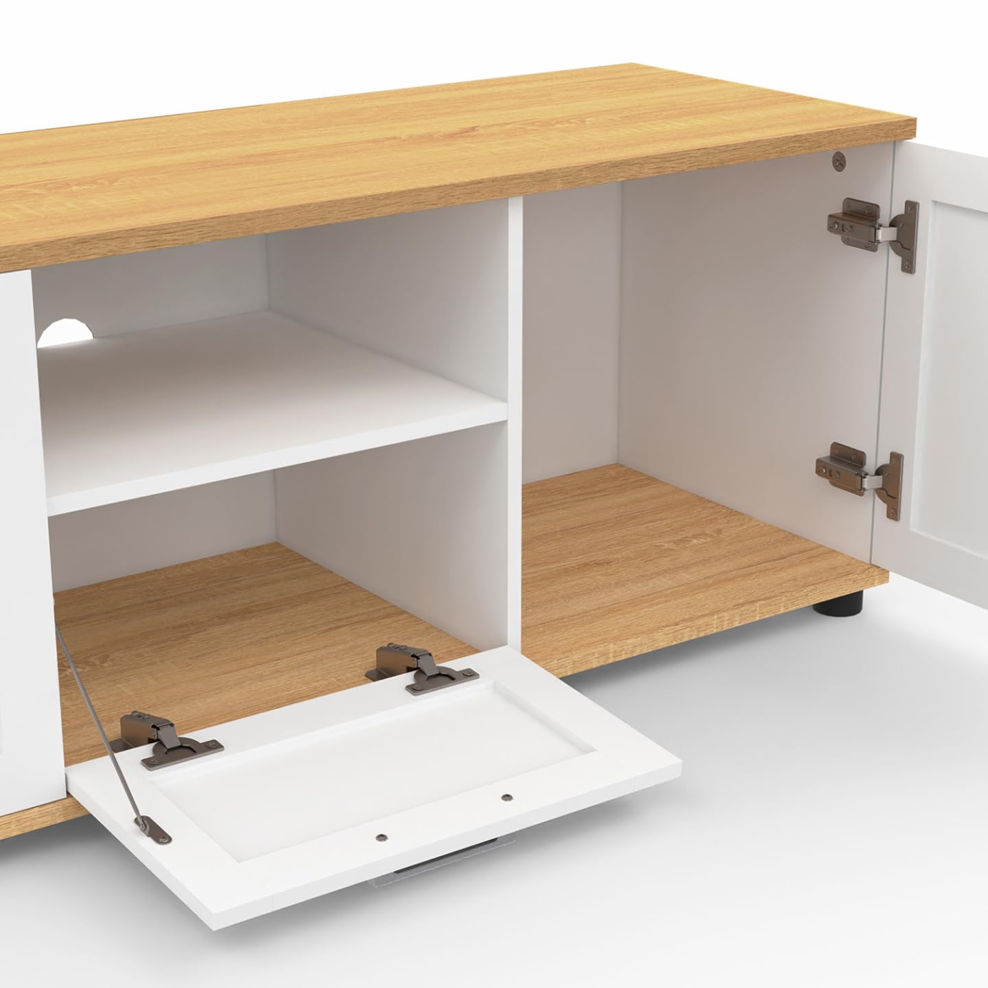 IDMarket - Mueble TV VITO con cajón y hornacina blancos y encimera de madera de 110 cm