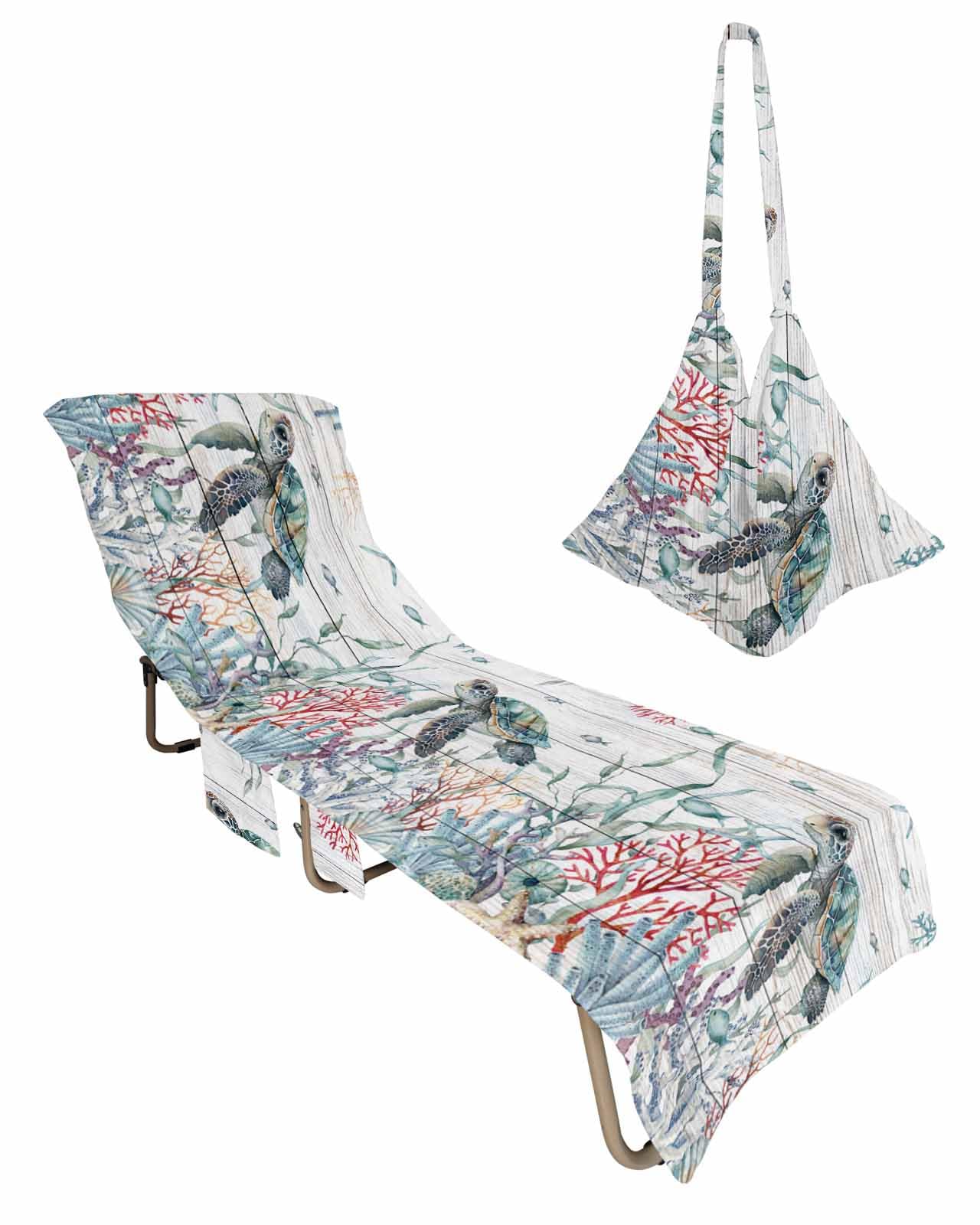 Sea Turtle Beach Lounge Chair Towel Cover, Soft Chaise Lounge Towel with Side Pockets Patio Pool Chairs Cover for Beach/Pool Sunbathing 29x85 Vintage Summer Beach Coastal Coral Ocean Nautical