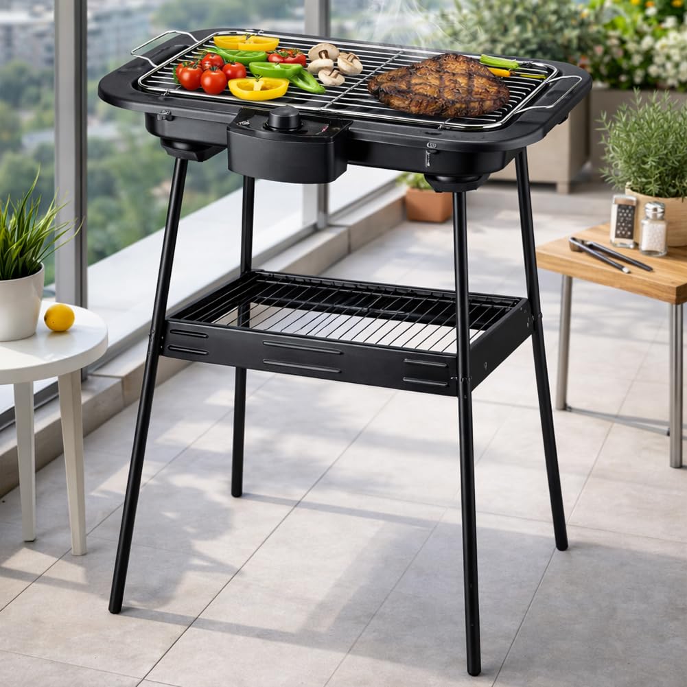 BAKAJI Barbecue Elettrico 2 in 1 2000W di Potenza, Grill da Tavolo e Stand Piedistallo, BBQ Facile da Usare con Manopola per Controllo della Temperatura e Griglia Removibile, Ideale Esterni ed Interni
