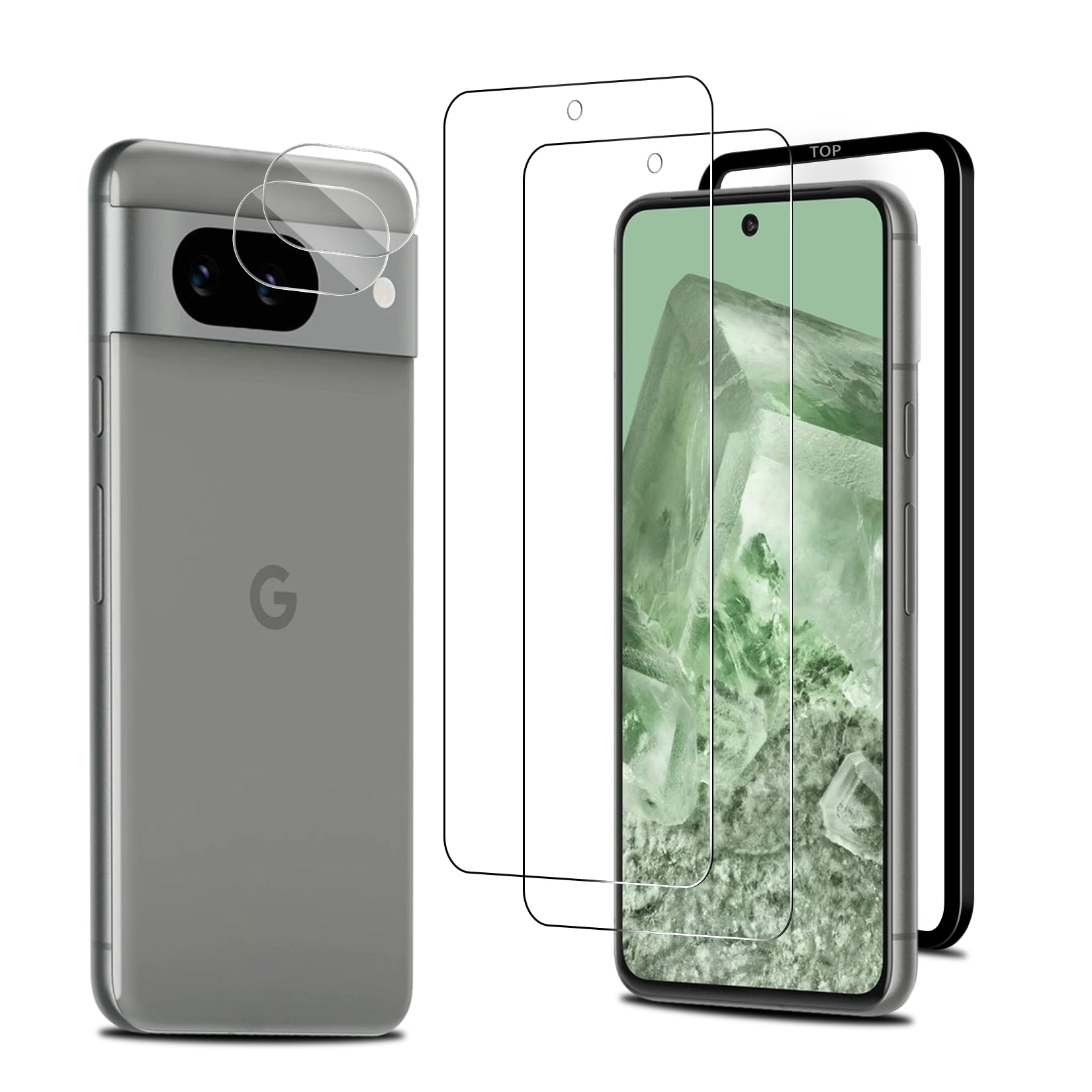 iCarez 対応 Google pixel 8 ガラスフィルム 【フィルム 2枚 ＋ カメラフィルム 2枚 ＋ ガイド枠付き】旭硝子素材製 にまそ保護フィルム pixel8 スマホ フィルム 携帯 フィルム ピクセル8 レンズ 画面保護 フィルム 硬度9H 耐衝撃 自動吸着 気泡なし 指紋防止 指紋認証鋭敏 ICGPX8221