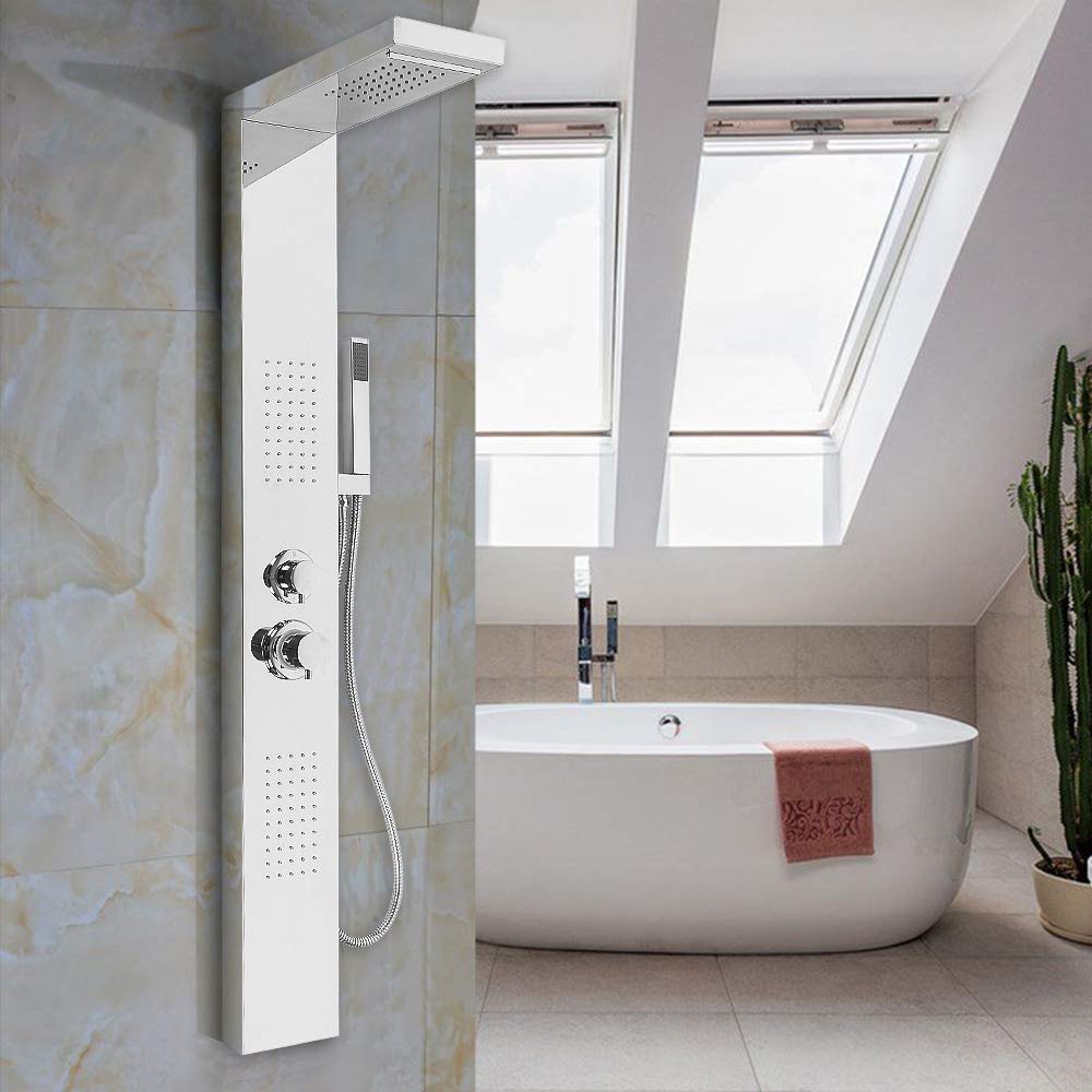 MINGYI Colonne de Douche Hydromassante, avec Douchette et Pommeau, 4 Modes de Douche, Connecteur DIN Standard 1/2'' (Miroir Argent, 15×130 cm)