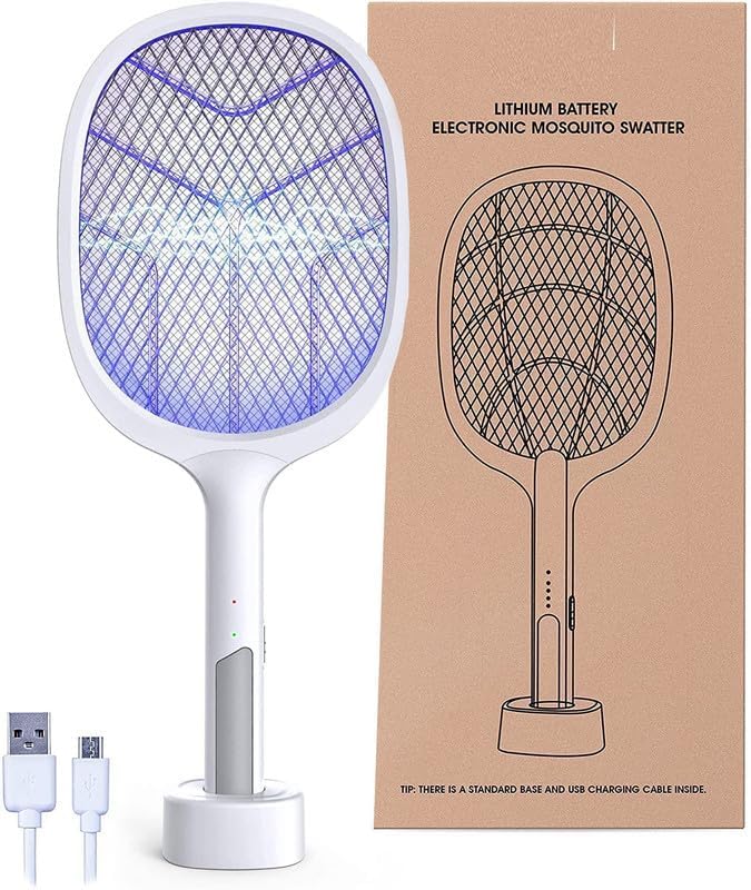 QUALIZA Bug Zapper, Mosquito Bat, 2 in 1 Electric Mosquito Killer Racket Cum UV Lamp, 3000 Volt USB Rechargeable Fly Swatter Racquet with 3 Layer Safety Mesh for Home, Outdoor