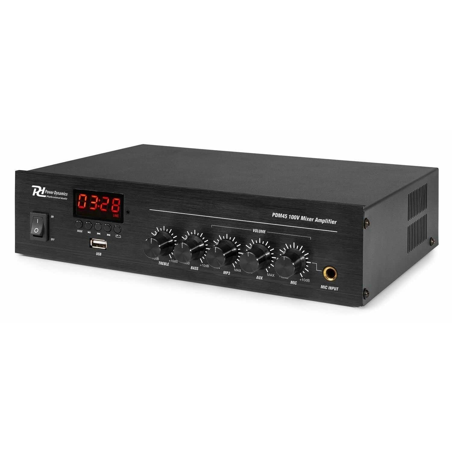 Power Dynamics PDM45 Amplificador con Bluetooth y función Radio FM Amplificador100 voltios, Reproductor MP3, Entrada de línea, instalación de música, Receptor de Radio para Tiendas, hogar y Mucho más
