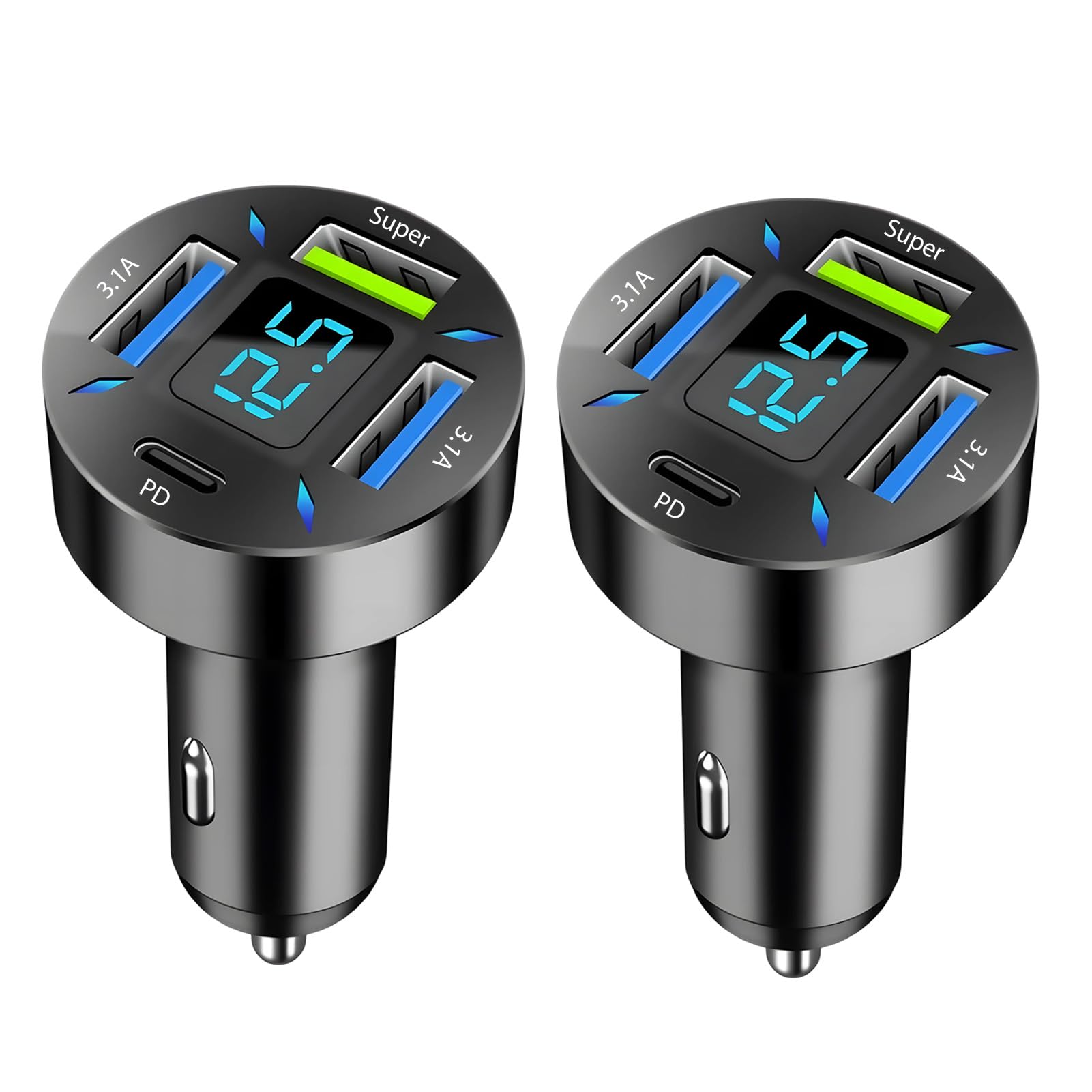 2 PCS 66W Cargador Mechero USB Carga Rapida, Super y QC3.0 & PD 4 Puertos Cargador Movil Coche con Voltímetro Led Compatible con Múltiples Dispositivos y Todos Los Teléfonos Inteligentes — view 7