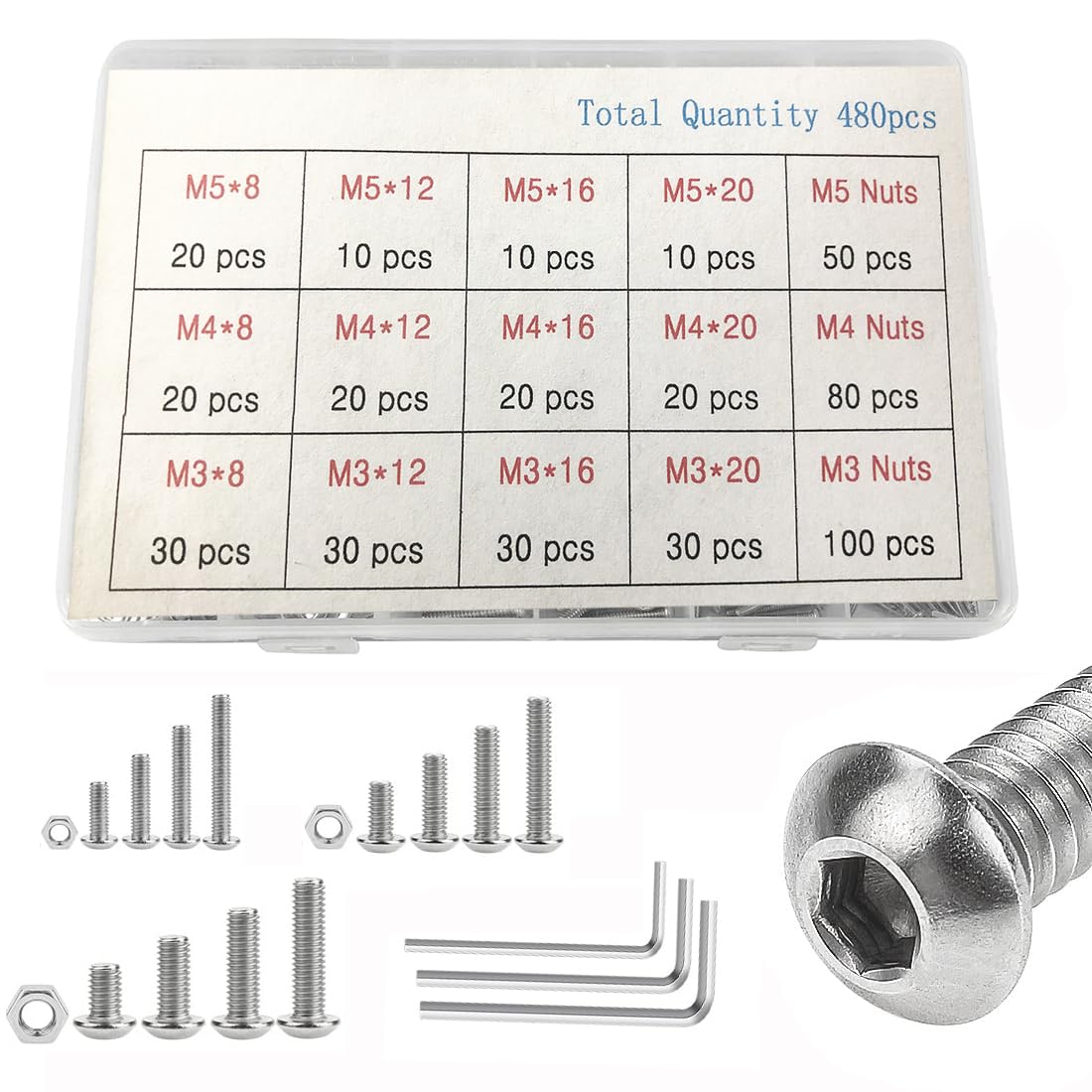 MRTURKREVHQ 480Pcs Grade 12.9 Nuts and Bolts Assortment Kit M3 M4 M5 Socket Head Cap Screws Set Alloy Steel Machine Screws and Nuts Silver with Wrench