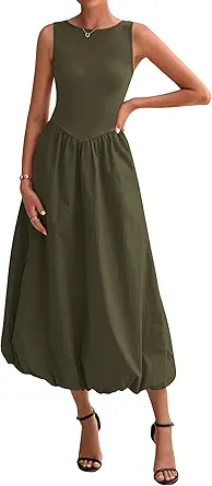 BTFBM Women's 2025 Summer Casual Sleeveless Midi Dress Patchwork Knit Tank Bubble Long Flowy Beach Maxi Sundress Pockets