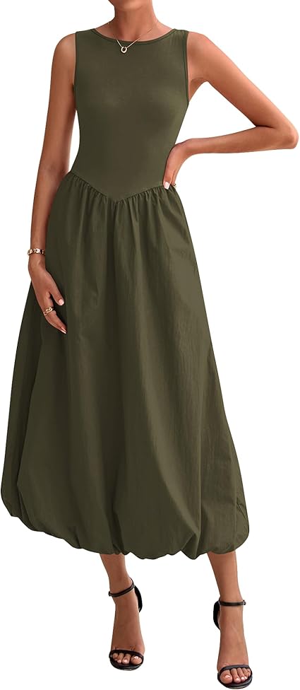 BTFBM Women's 2025 Summer Casual Sleeveless Midi Dress Patchwork Knit Tank Bubble Long Flowy Beach Maxi Sundress Pockets