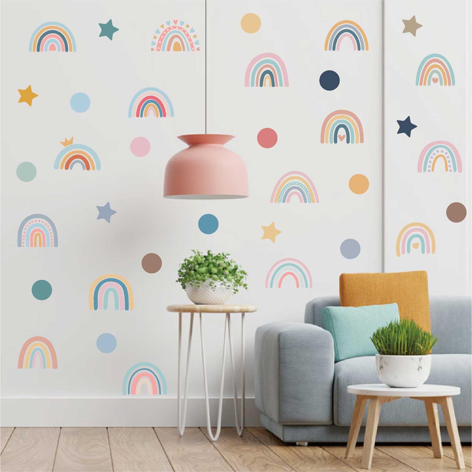 Calcomanías de pared arcoíris para habitación de los niños, 4 hojas, 76 calcomanías de pared bohemias de estrellas y puntos, decoración de guardería, sala de juegos, aula, arte de pared