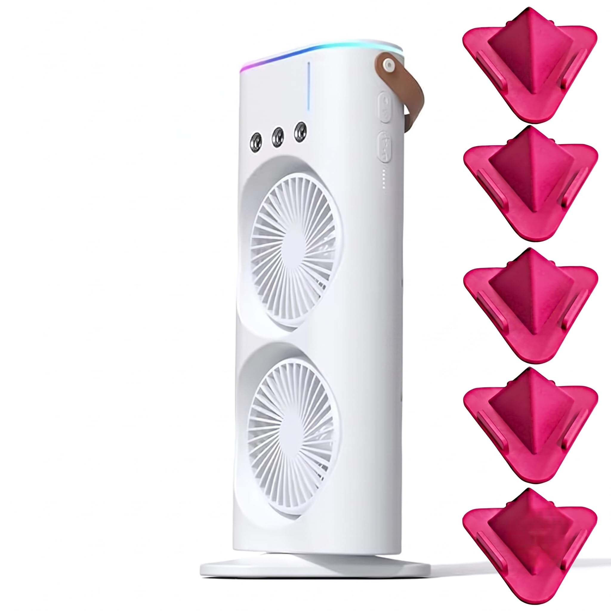 Lucky Gadgets World Dual-Fan Desk Tower with LED Light & Carry Strap | Water Mist Cooling, 3 Wind Speed Settings, Nano Mist Humidifier, 5-Piece Pink Stand Set, USB Powered-image-42