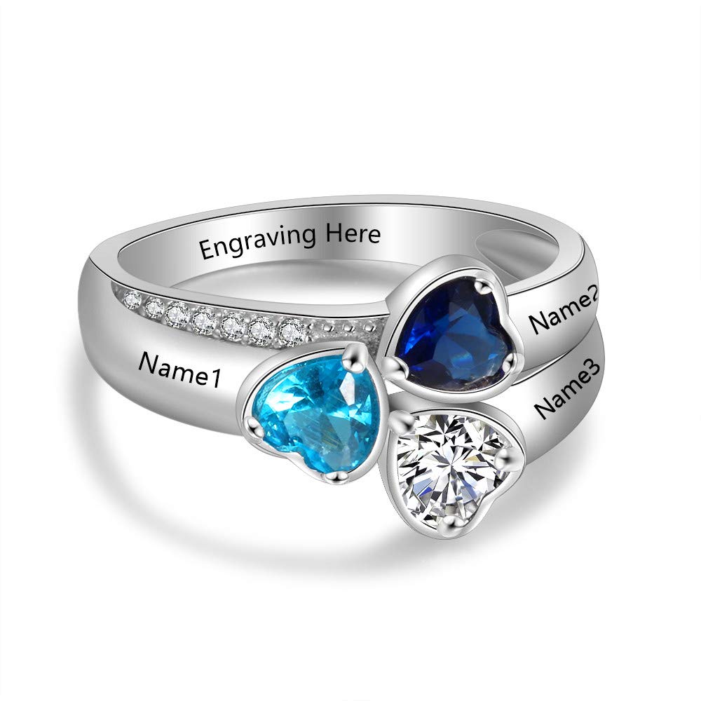 Personalized Mothers Rings with 3 Simulated Birthstones for Women Engraved Family Name Rings for Grandmother Mother Anniversary Rings