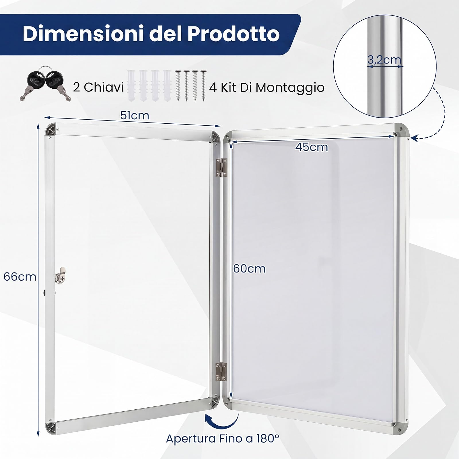 COSTWAY Bacheca Magnetica per Esterno, Bacheca da Parete con Lavagna, Pannello in PET Trasparente, Chiave e Telaio Leggero in Alluminio, per Ufficio, Condominio e Aziendale (Argento,66 x 51 cm)