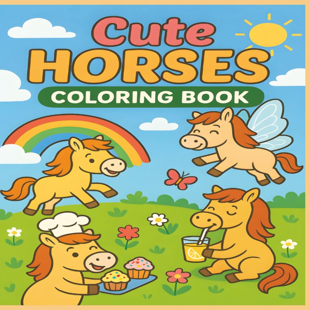 Cute Horses Coloring Book: 50 Adorable and Funny Horse Scenes for Kids to Color, Laugh, and Relax