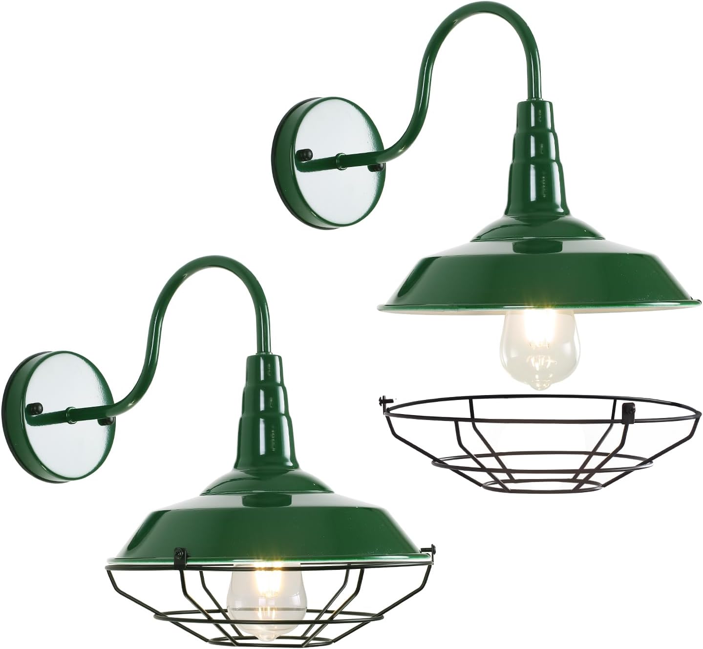 Outdoor Barn Light 2Pcak, Gooseneck Barn Wall Lighting Metal Cage Farmhouse Rustic Exterior Fxiture with Wall Mount, Green Barn Style Porch Sconce for Proch Patio, Garage, House, Frontdoor Waterproof