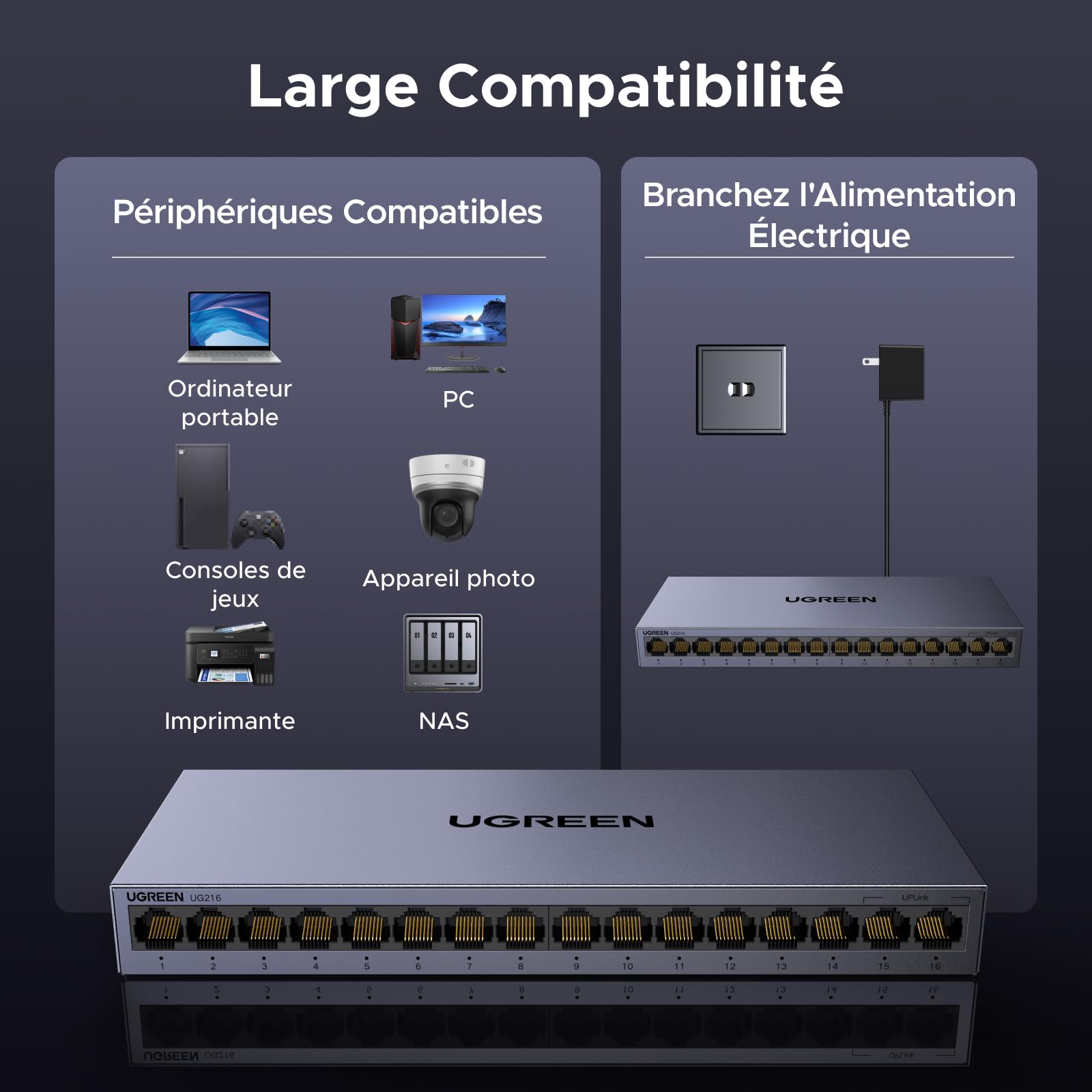 UGREEN Switch Ethernet Gigabit 16 Ports Hub Ethernet 10 100 1000Mbps Switch RJ45 Support VLAN Boitier Métal Idéal pour Bureau et Maison Compatible avec PC Imprimante Caméra Routeur