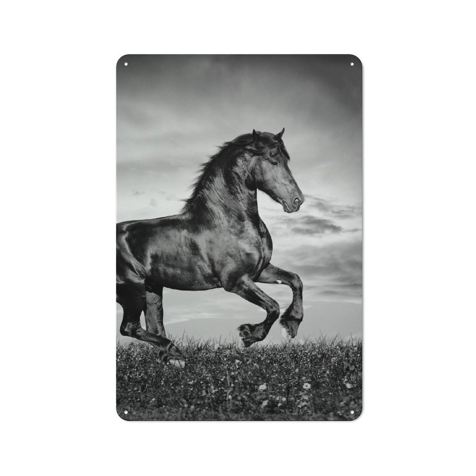 Junmoney Style-22 Black Horse Galloping In Grayscale Retro Tin Sign 30X20cm For Café Or Restaurant, Housewarming Wall Decor For People Furnishing Café And Restaurant
