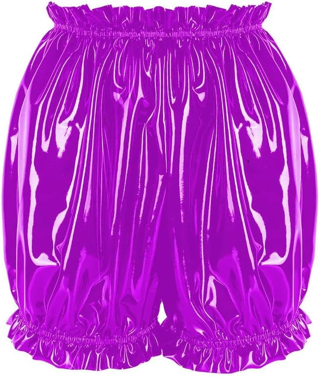 Women Wet Look PVC Leather Ruffled Short Bloomers Mini Hotpants for Nightclub Party Private Evenings