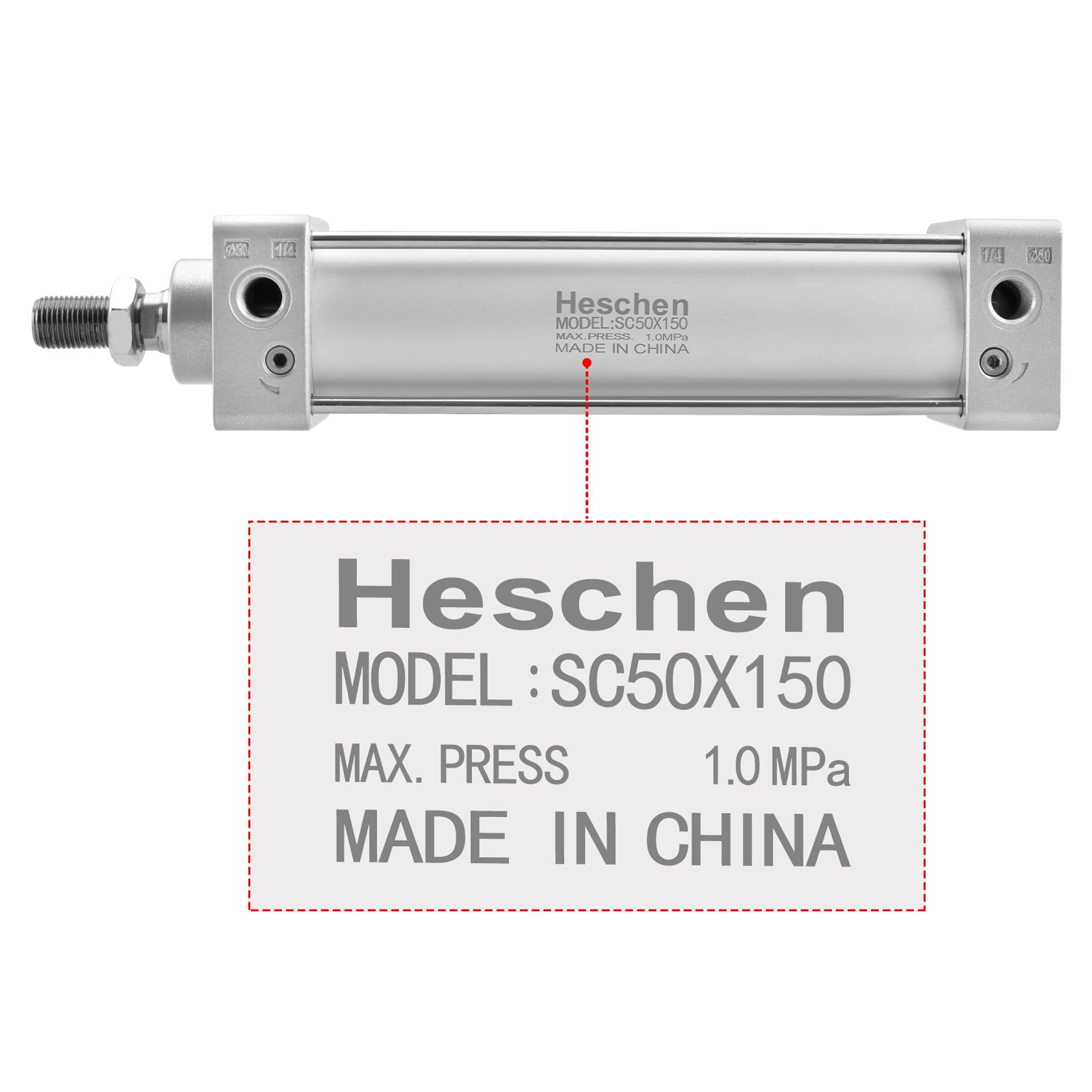 Heschen Vérin pneumatique Standard, SC 50-150, PT1/4'' Port, Alésage 50mm, Course 150mm, Double Effet