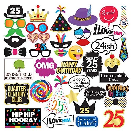 25-års födelsedag, rekvisita för fotobås - 40 st. - Roliga festtillbehör för 25-års födelsedagsfest, dekorationer, fotorekvisita, fotoprops och presenter
