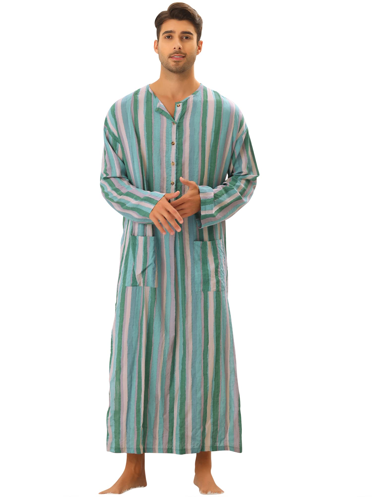 Lars AmadeusStriped Nightshirt for Men's Long Sleeves Button Down Nightgown Henley Shirts with Pockets