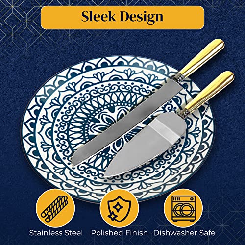Zzteck Stainless Steel Wedding Cake Knife And Server Set With Golden Handles- Cake Cutter Set With 12" Server & 9.8" Knife - Durable & Dishwasher Safe - Cake Cutting Set For Wedding, Party & Events #TOP2