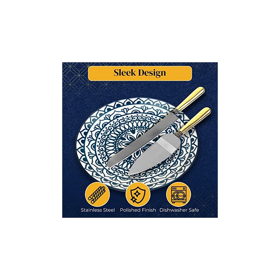 Zzteck Stainless Steel Wedding Cake Knife and Server Set with Golden Handles- Cake Cutter Set With 12" Server & 9.8" Knife - Durable & Dishwasher Safe - Cake Cutting Set for Wedding, Party & Events