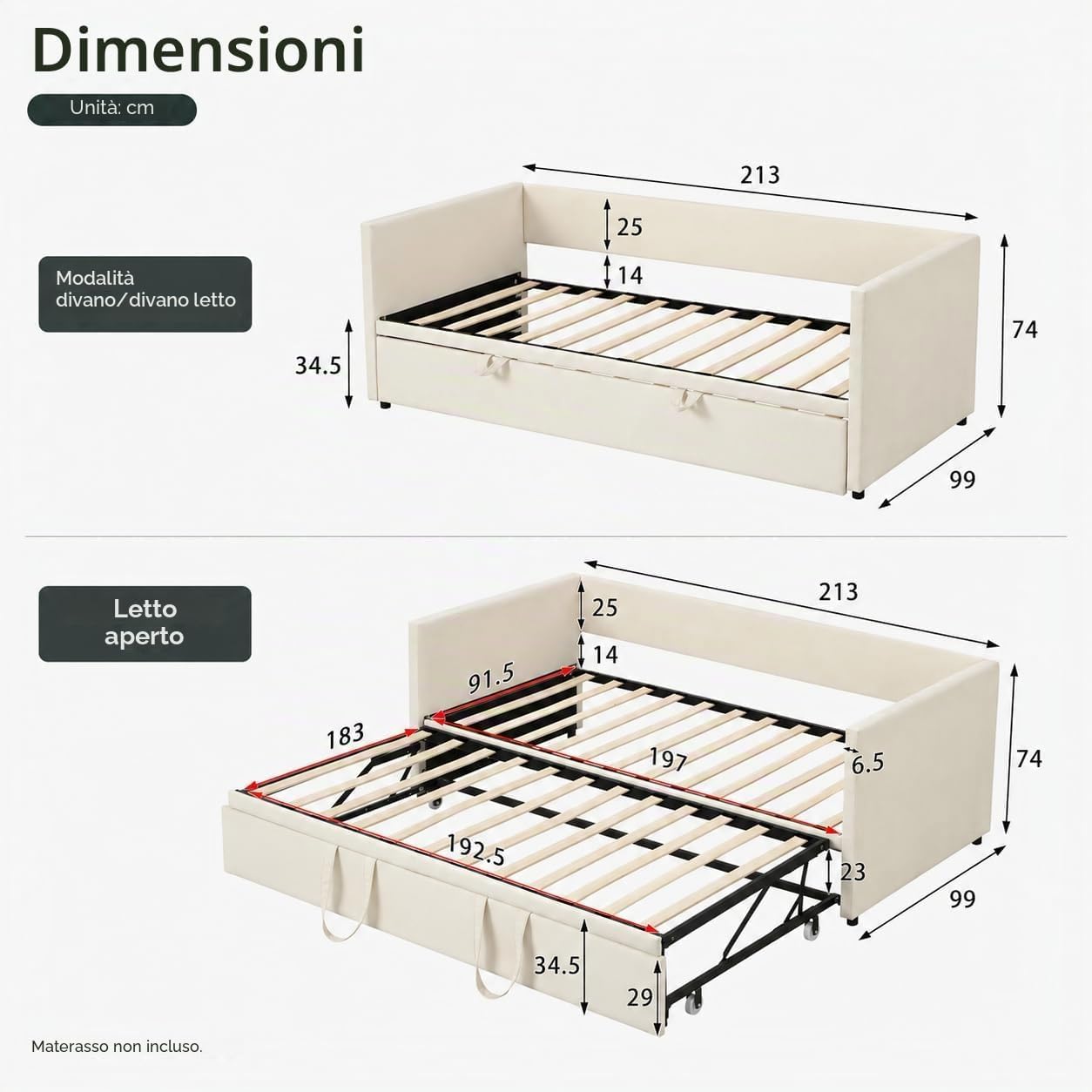 schlafcouch 90/180x200cm,tagesbett ausziehbar,sofa,Einzelbett/Doppelbett | letto singolo con letto estraibile,Samt Polsterbett Tagesbett,Ideal für kleine Räume, Gästebett,ohne Matratze,Beige