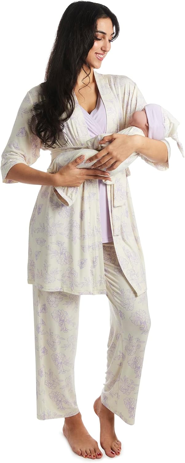5 Piece Maternity and Nursing PJ Pant Set for Mom and Baby