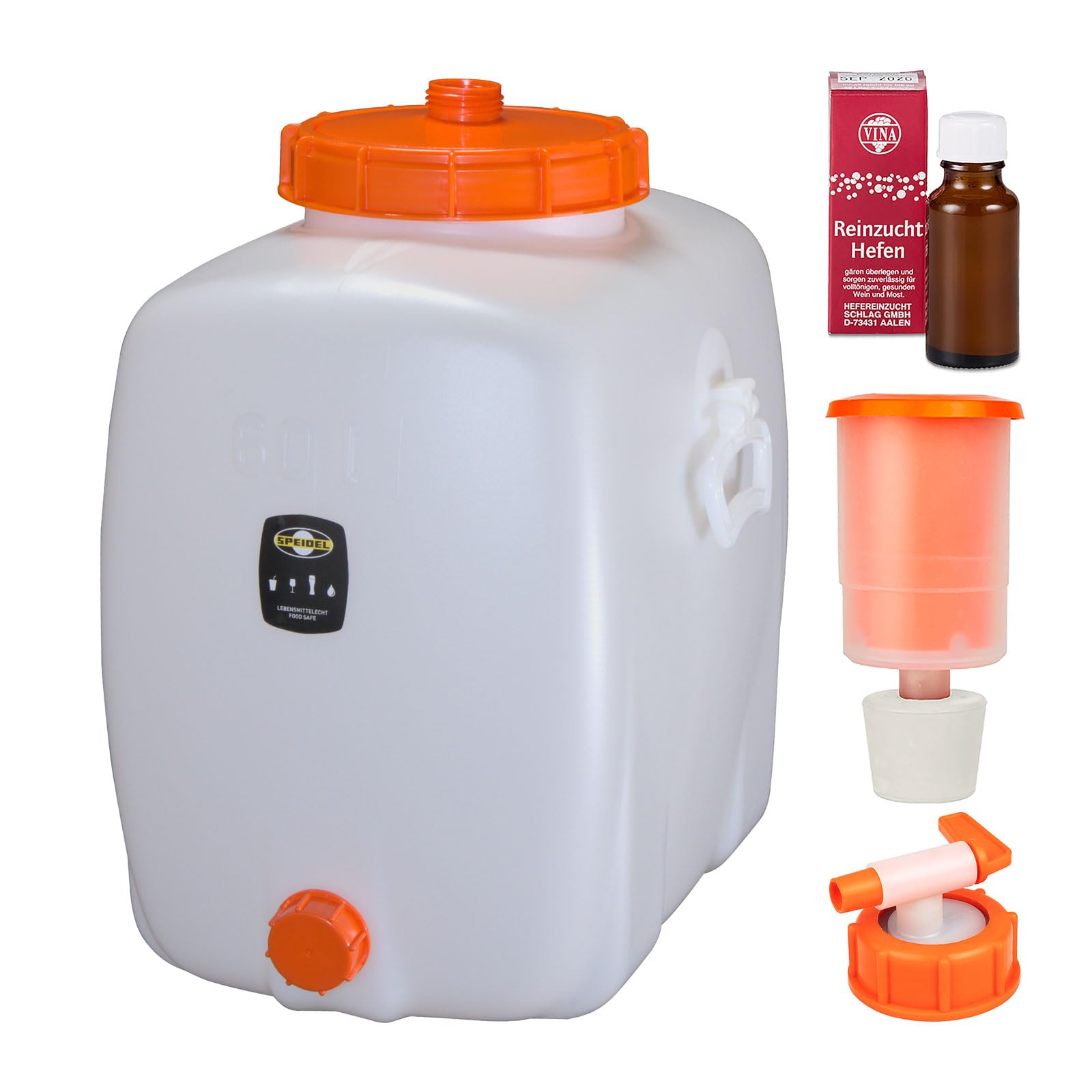 Mostfass 60 Liter Komplett Set inkl. Hahn, Gärspund und Hefe, Reinzuchthefe Steinberg, Gärfass (60 L oval) für Most, Wein, Cider, Fass Getränkefass lebensmittelecht, Kunststoff Gärbehälter