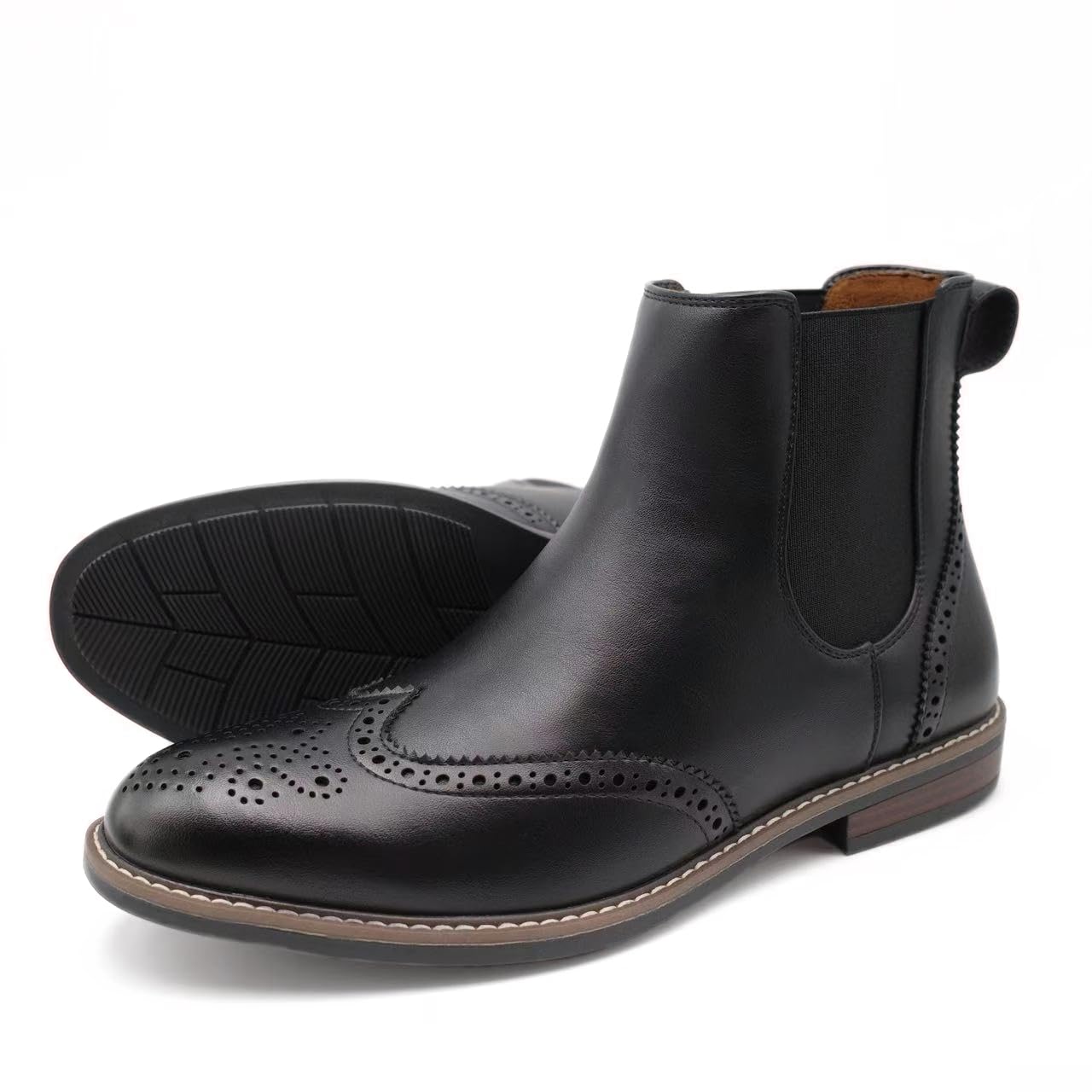 Finishing & Sewing Botines Chelsea para hombre, Brogue Wingtip, piel marrón, inserción elástica